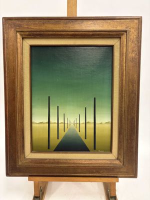une peinture à l'huile représentant une longue route avec des poteaux au milieu