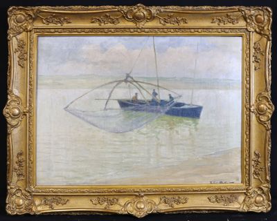 an oil painting of a boat in the water with people on it
