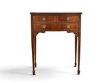 a small wooden table with two drawers on one side and a drawer on the other side