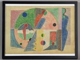 œuvre d'art encadrée représentant une peinture aux formes et couleurs abstraites, dans un cadre noir
