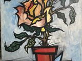tableau représentant trois roses dans un vase posé sur une table