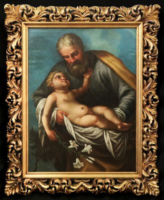 un tableau représentant un homme tenant un enfant dans ses bras