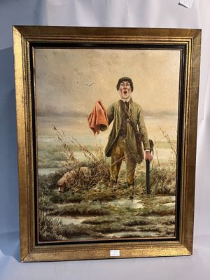 une peinture à l'huile représentant un homme avec un chien et un drapeau rouge