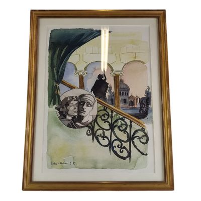 aquarelle encadrée représentant un homme sur un balcon avec vue sur la ville