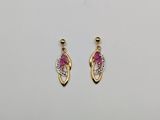 a pair of pink and white diamond earrings on a white surface