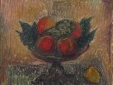 une peinture représentant une coupe de fruits sur une table