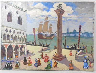 un tableau représentant des gens marchant dans la rue au bord de l'eau