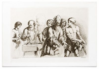 un vieux dessin représentant un groupe d'hommes debout autour d'une table