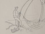 drawing of a man standing in a field with a kite in his hand