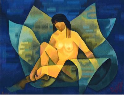 painting of a nude woman sitting on a large flower with a blue background