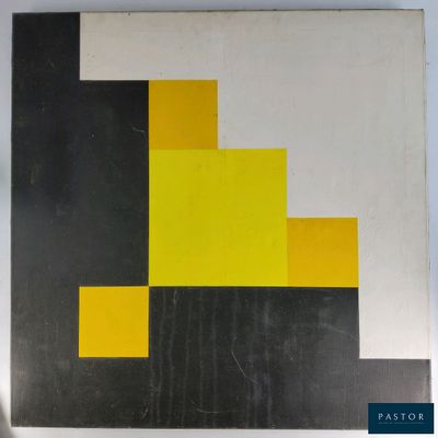 peinture abstraite jaune, noire et blanche sur un mur blanc