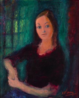 a painting of a woman sitting in a chair with her arms crossed