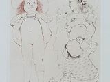 a drawing of a woman and a child with a dog