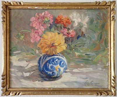 a painting of flowers in a blue vase on a table