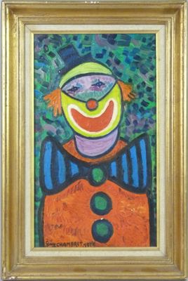une peinture à l'huile représentant un clown portant un chapeau de clown et un haut-de-forme