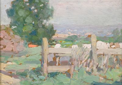 une peinture à l'huile représentant des moutons dans un champ, près d'une clôture en bois