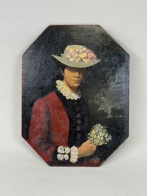 painting of a woman in a hat holding a bouquet of flowers
