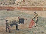 un tableau représentant un taureau et un homme dans une arène