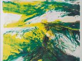 une peinture abstraite représentant des vagues vertes et jaunes sur fond blanc