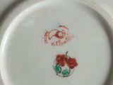 a white plate with a red and green flower on it
