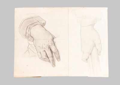 two drawings of a hand with a hat and a hand with a glove