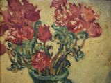 a painting of flowers in a vase on a table