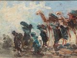 une peinture à l'huile représentant un groupe de personnes chevauchant des chameaux