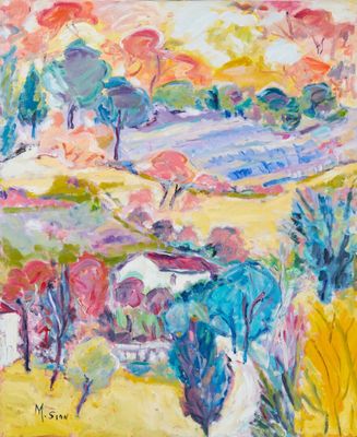 une peinture à l'huile représentant un paysage avec des arbres et des buissons