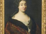 un tableau représentant une femme vêtue d'une robe rouge et noire