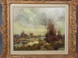 une peinture d'un paysage avec des arbres et une rivière au premier plan