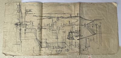 un vieux bout de papier sur lequel est dessiné un bâtiment