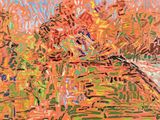 l'image d'une peinture représentant une rivière avec des arbres en arrière-plan