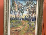 une peinture à l'huile représentant un chemin de terre avec des arbres en arrière-plan