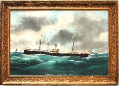 an oil painting of a ship in the middle of a large body of water