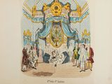 an old book with a drawing of a stage with people standing around it