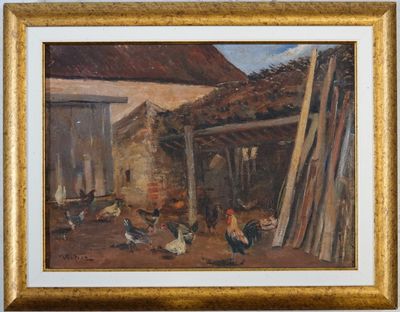 VERDIER (?) Les poules près de la ferme, huile sur toile sig…