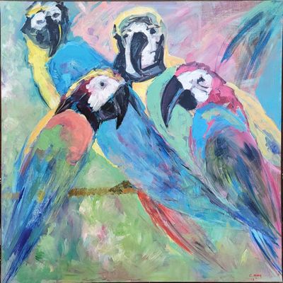 a painting of three colorful parrots sitting on top of each other