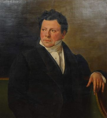 painting of a man in a black suit and white shirt sitting in a chair