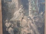 tableau encadré représentant une femme et des enfants dans un jardin