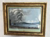 une vieille photo représentant un tableau où l'on voit un volcan dans le ciel