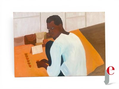 un tableau représentant un homme assis à une table en train de jouer à un jeu