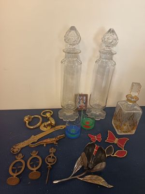 a blue table with a bunch of different items on it