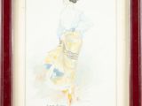 painting of a woman in a blue hat and yellow skirt in a red frame