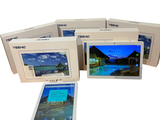 four different views of a tablet with a picture of a beach on the screen
