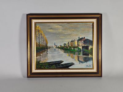 tableau représentant une scène fluviale avec un bateau au premier plan et des bâtiments à l'arrière-plan
