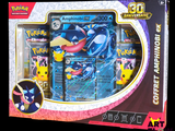 une boîte de cartes Pokémon sur laquelle figure l'image d'un Pokémon bleu et jaune