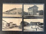 several old black and white photos of a building and a street