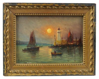 une peinture à l'huile d'une scène portuaire avec des bateaux dans l'eau