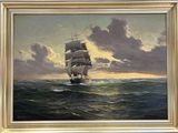 an oil painting of a sailing ship in the ocean at sunset