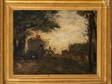 an image of a painting of a horse drawn carriage in a wooded setting